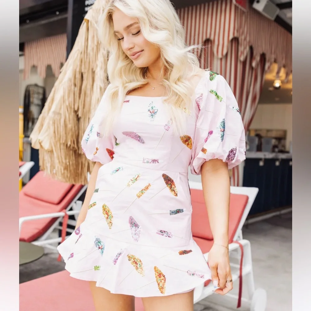 🗿NWOT Queen of Sparkles Tiki Umbrella kitsch Sleeve Dress light pink Beach QOS 🌺 - Picture 3 of 7